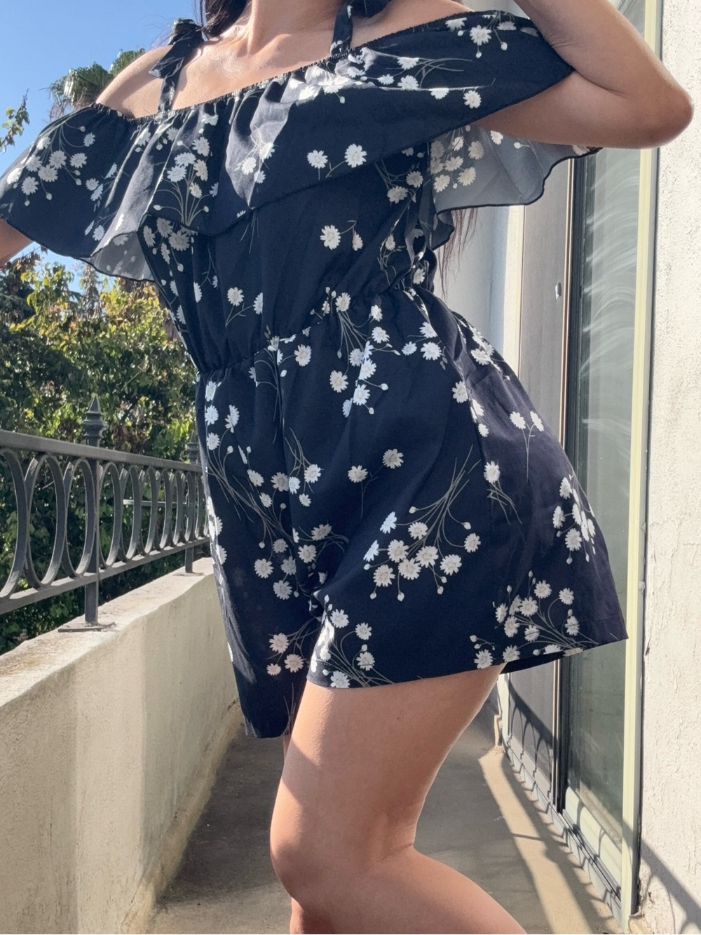 Navy Blue Floral Off-Shoulder Romper